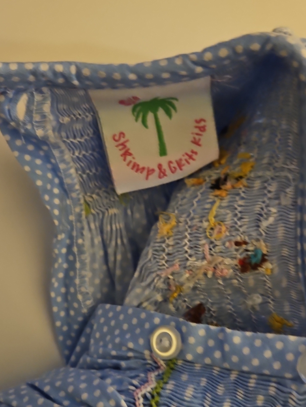 Shrimp & Grits Kids Light Blue Polka Dot Smocked Top